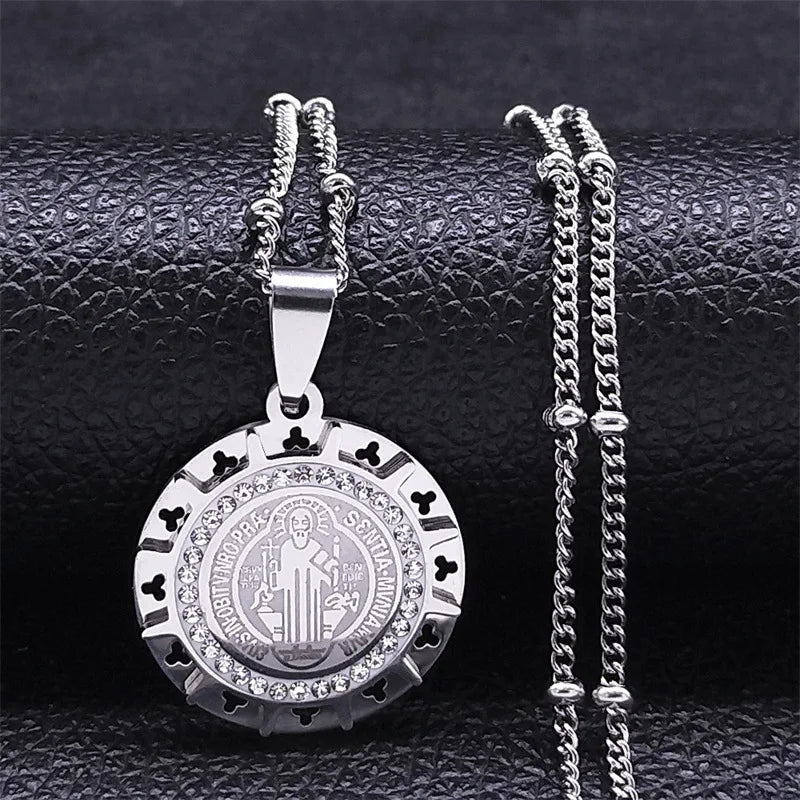 Top Hip Hop Saint Benedict Medallion Pendant Necklace Men Stainless Steel Chain Choker Necklaces Jewelry San Benito Collares