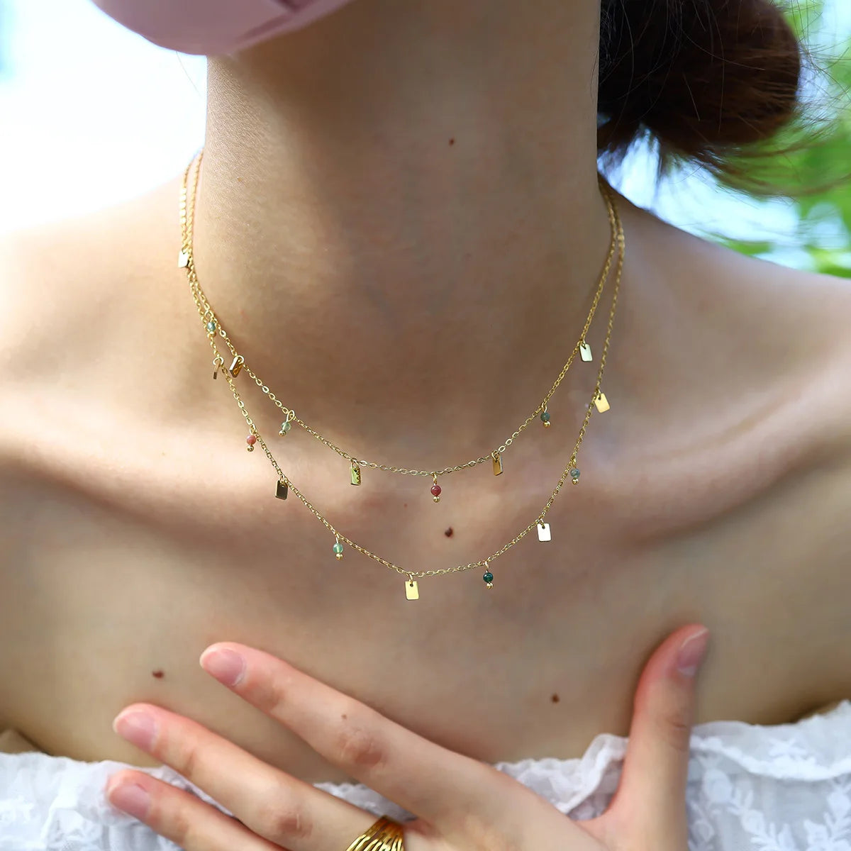 Bohemian Style 18K Gold Plated Jewelry Waterproof Blocks Zircon Beads Tassel Stainless Steel Necklace