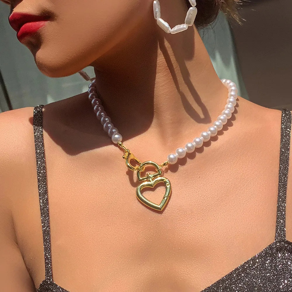 Xuanseyameng Heart Pearl Short Necklace Feminine Style Versatile Fashion Collar Chain Personality Necklace AXZZXL