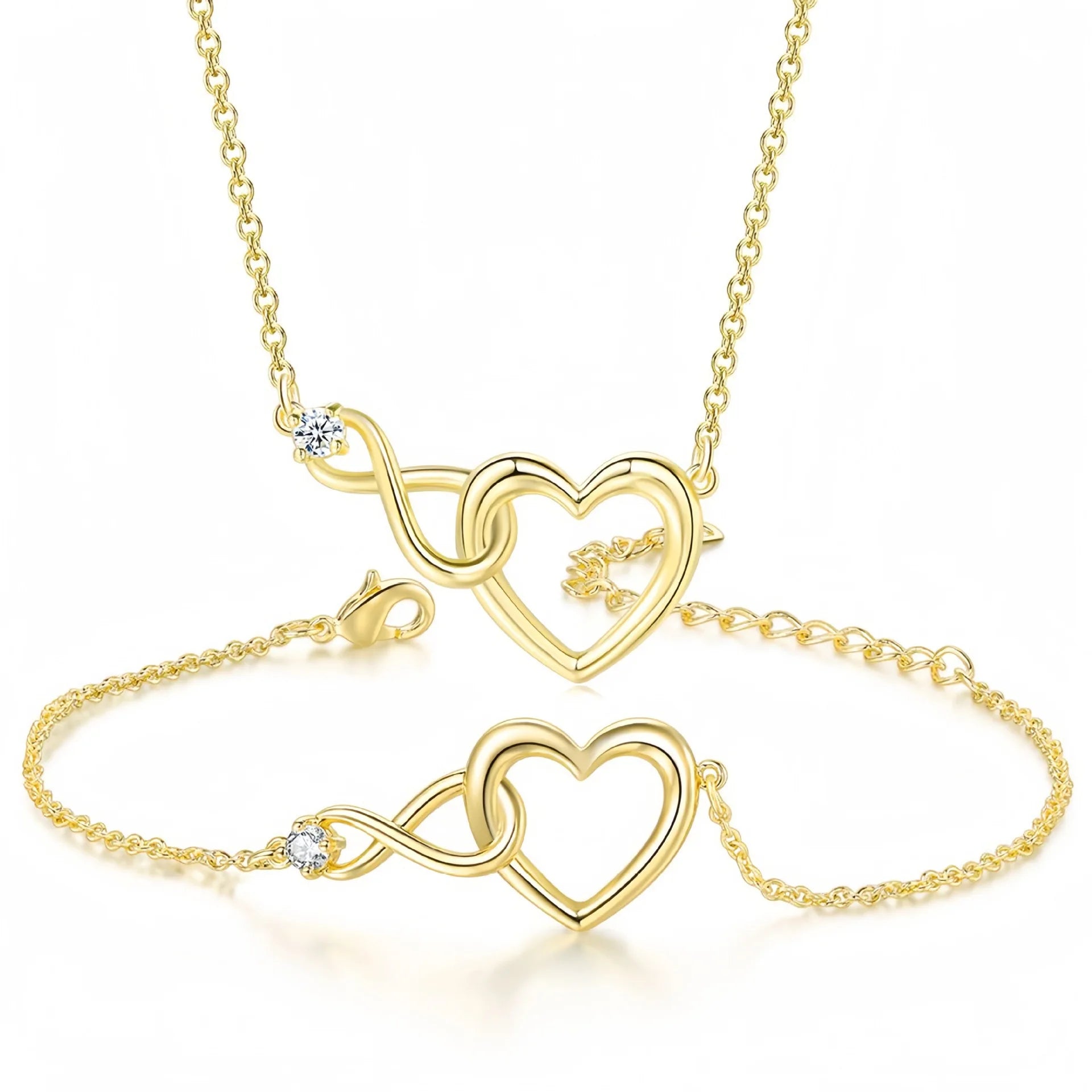 Fine Jewelry Set Valentines Day Gifts 925 Sterling Silver Cubic Zirconia Infinity Love Heart Necklace and Bracelet for Women