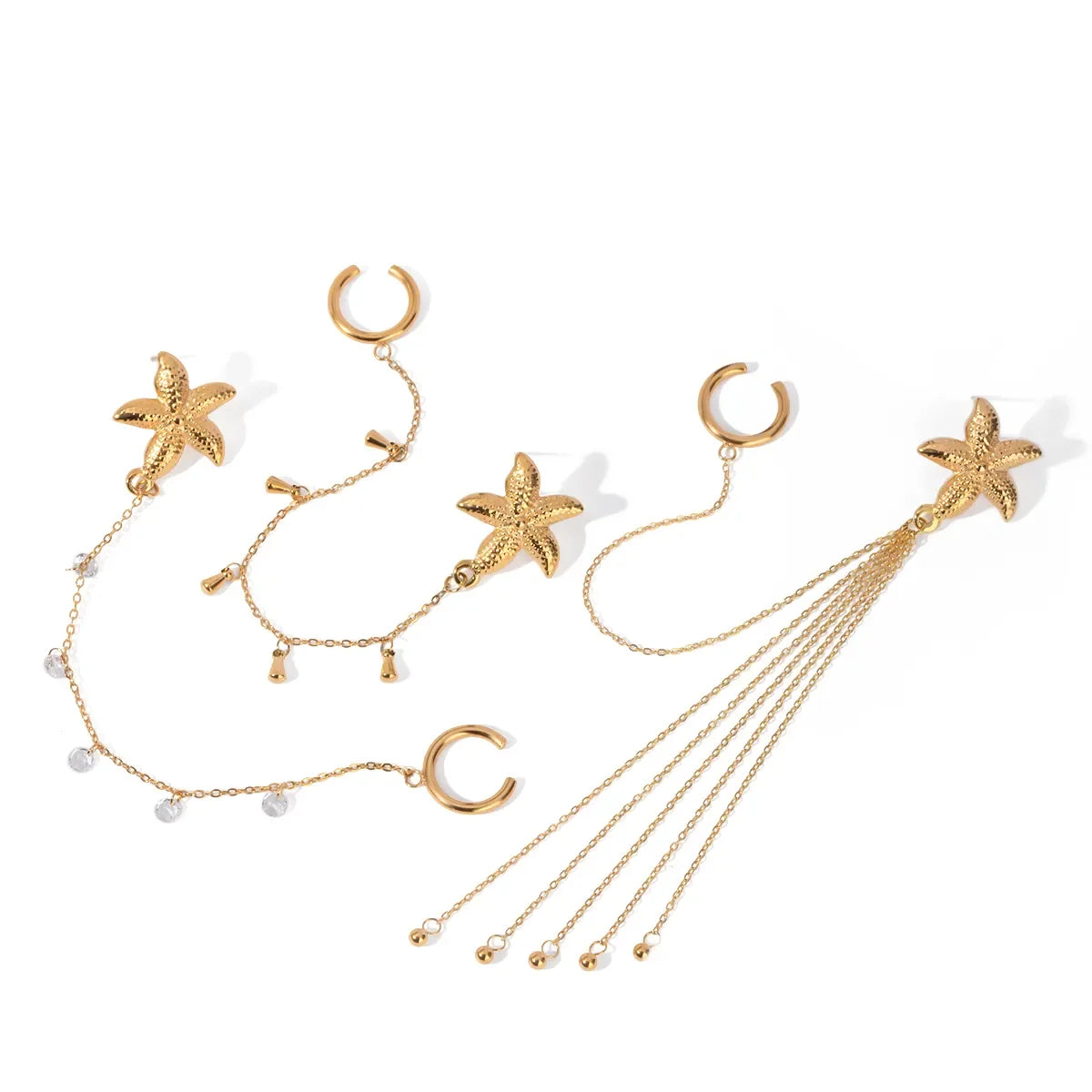 18K IP Gold Plated Stainless Steel Drop Earrings Waterproof Ear Cuff Heart-shaped Starfish Tassels CZ Stone Chunky Clip Design