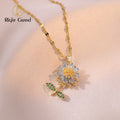 Gold Plated Brass Chain Spinner Sunflower Zircon Pendant Necklace for Women Jewelry
