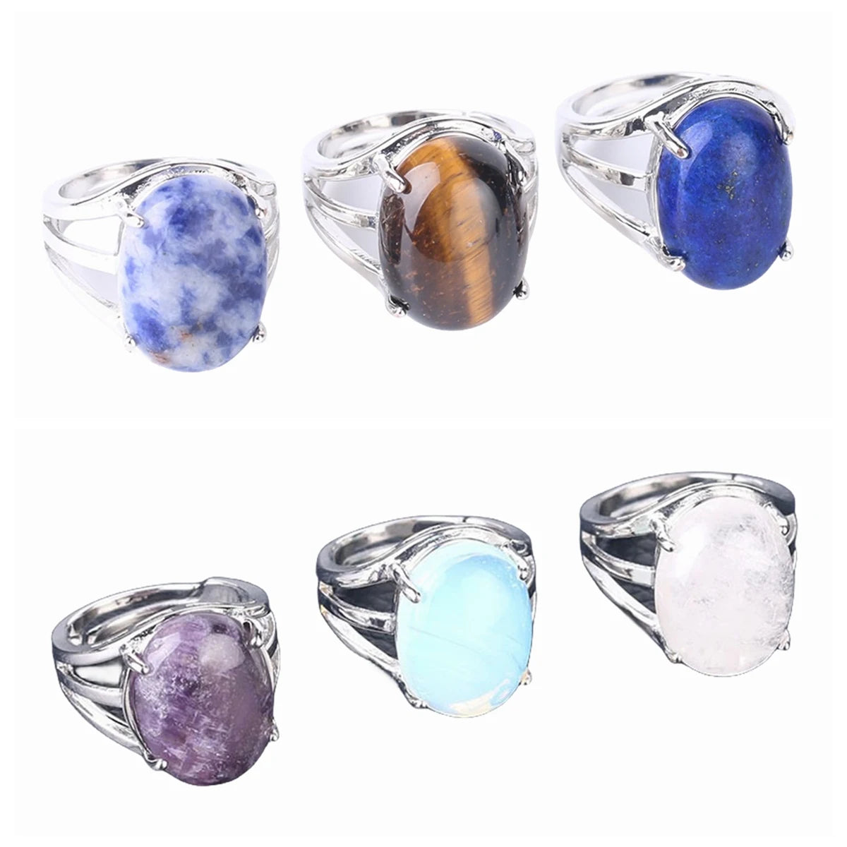 Vintage Oval Gem Ring Natural Healing Crystal Silver Alloy Ring Lottery Gift Company Evening Gift