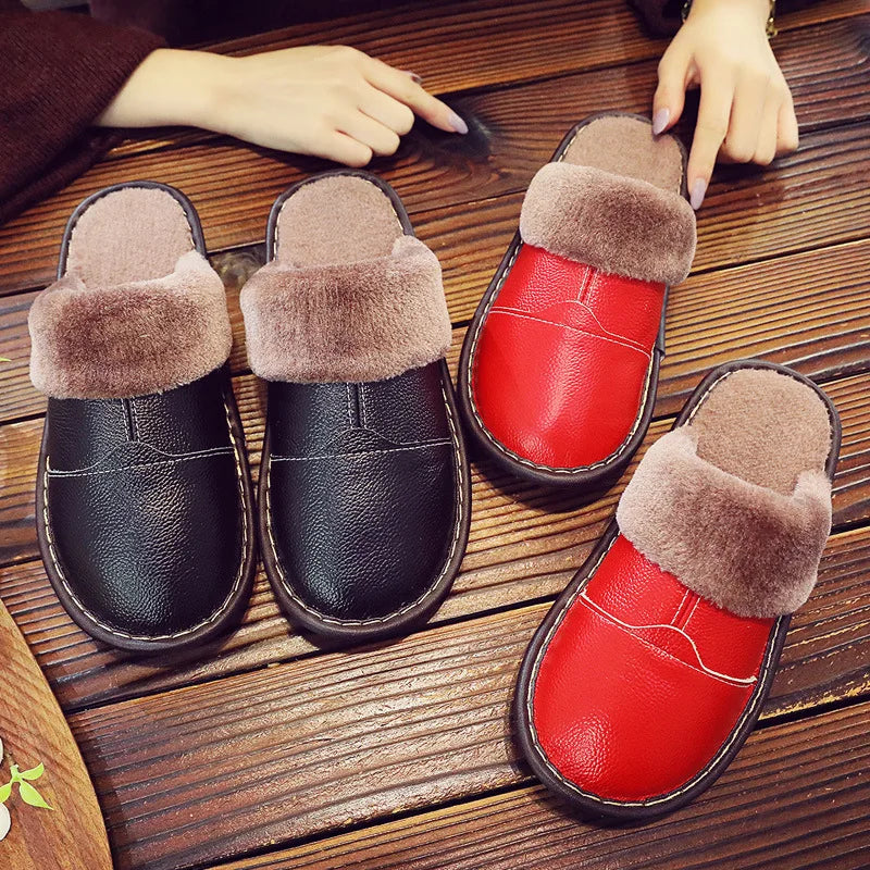 Cattlehide Leather Slippers with Faux Fur Warm and Cozy  Genuine Leather Cotton Slippers