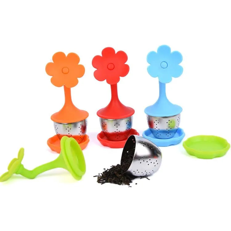 Customizable Stainless Steel Tea Infuser Set Eco-Friendly Metal Utensils with Silicone Sunflower Shape Handle Tea Filter Tray