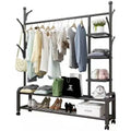 Modern Heavy Duty Drying Rack with Side Rails Clothing Rack on Wheels Double Rails Rolling Clothes Rack with 2 Tier Shelves