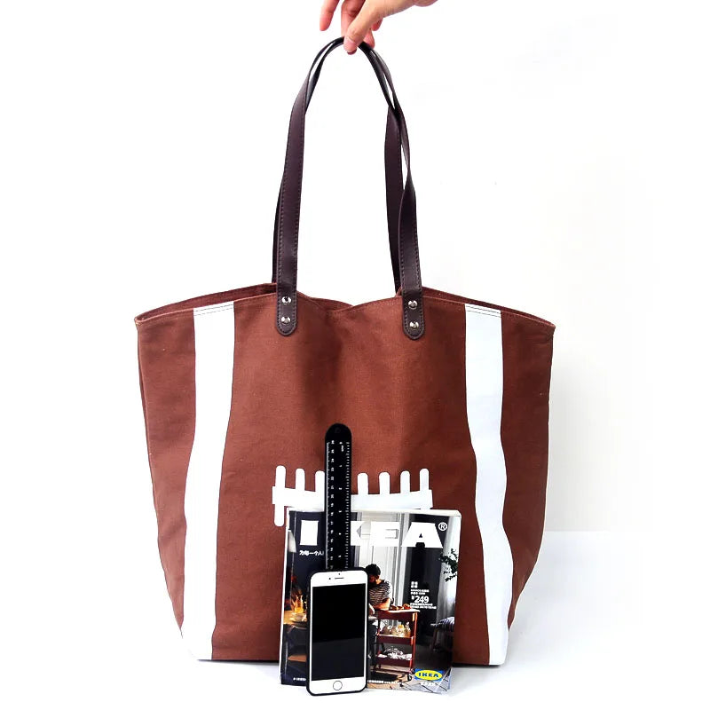 Customizable 100 Pcs Free Shipping Football Brown Rugby Women's Canvas Shoulder Bags Retro Casual Sports Handbags Tote Purse