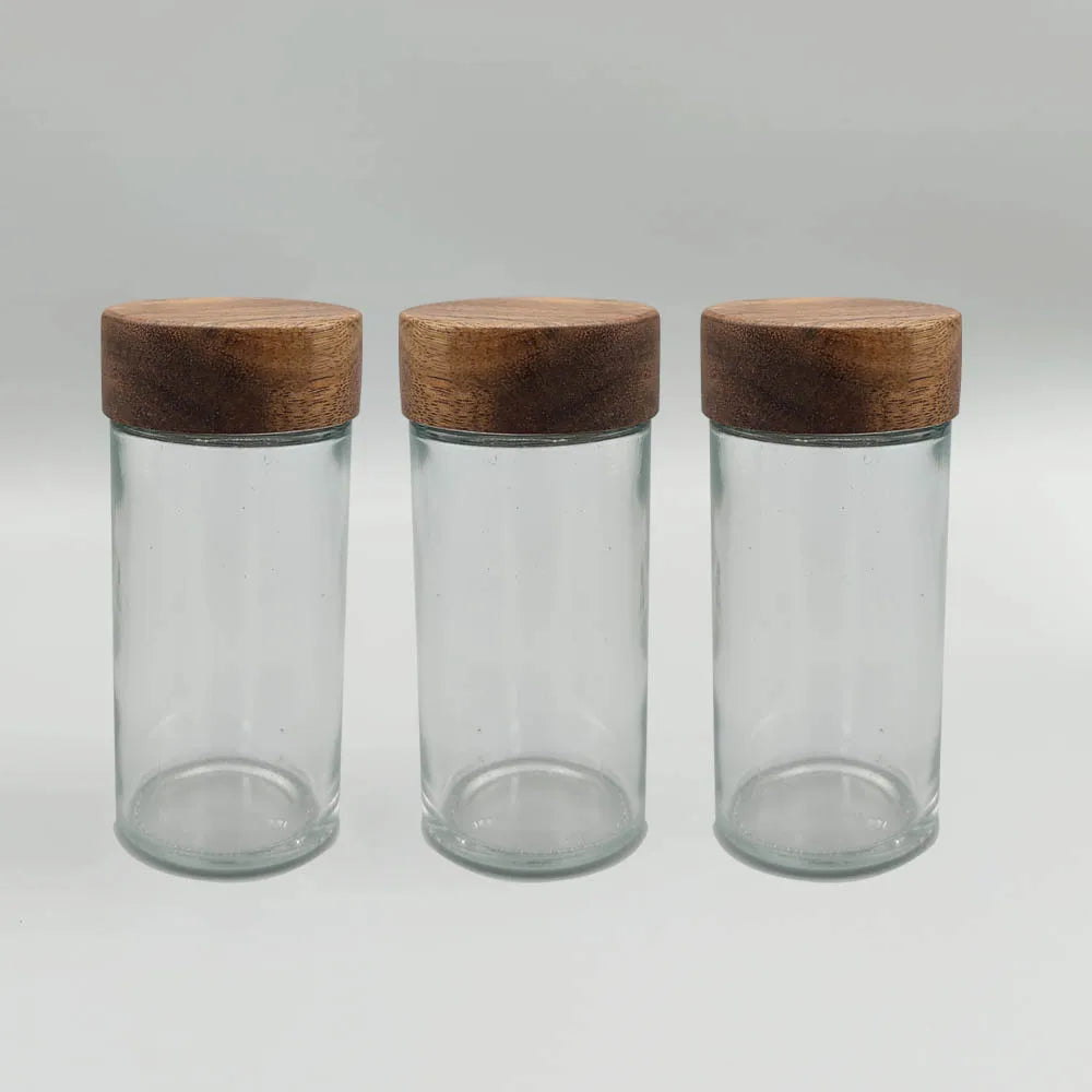 Luxury 3oz 90ml 100ml Custom Printed Logo Small Kitchen Herbs Spice Shaker Bottle Glass Spice Jar with Airtight Wooden Lid