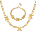18K Gold Plated Stainless Steel Bracelet Necklace Set Medieval Style Hip-Hop X-Shaped Python Pattern Women's Wedding Jewelry