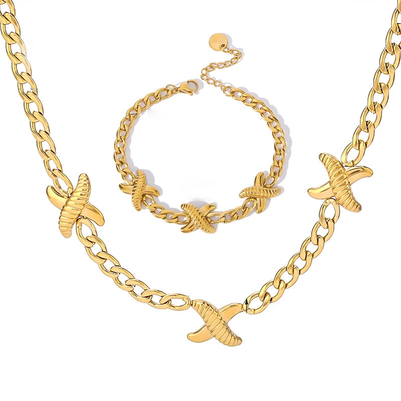 18K Gold Plated Stainless Steel Bracelet Necklace Set Medieval Style Hip-Hop X-Shaped Python Pattern Women's Wedding Jewelry