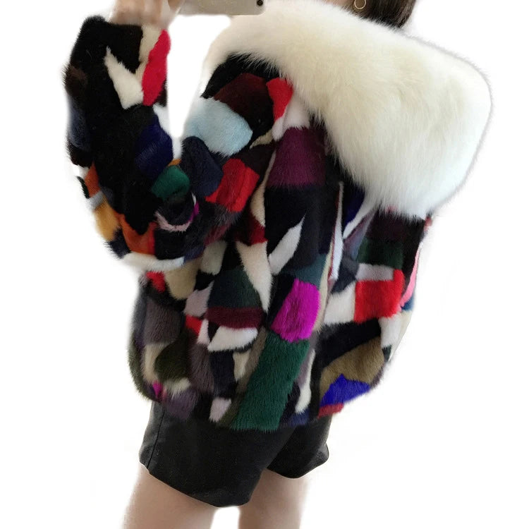 Jtfur Wholesale Multiple Colors Mink Fur Garment Big fox Fur Collar Hooded Custom Women Fur Coat