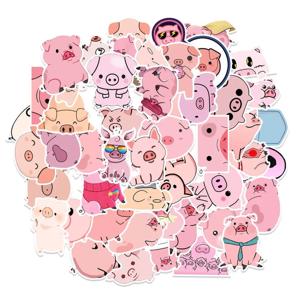 50Pcs VSCO Cute Pink Pig Cartoon Decorative Stickers for Girl Notebook Laptop Waterproof Vinyl Sticker