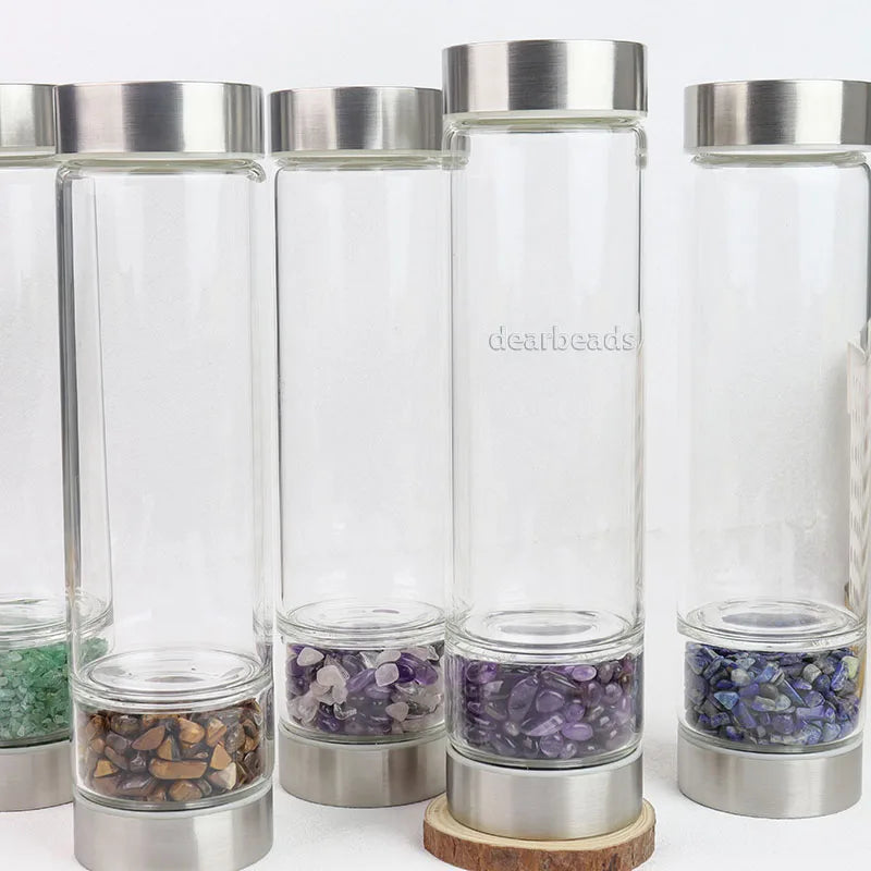 Wholesale Genuine Irregular Crystal Infused Glass Water Bottle Gemstone  Double Wall Borosilicate Glass Bottle