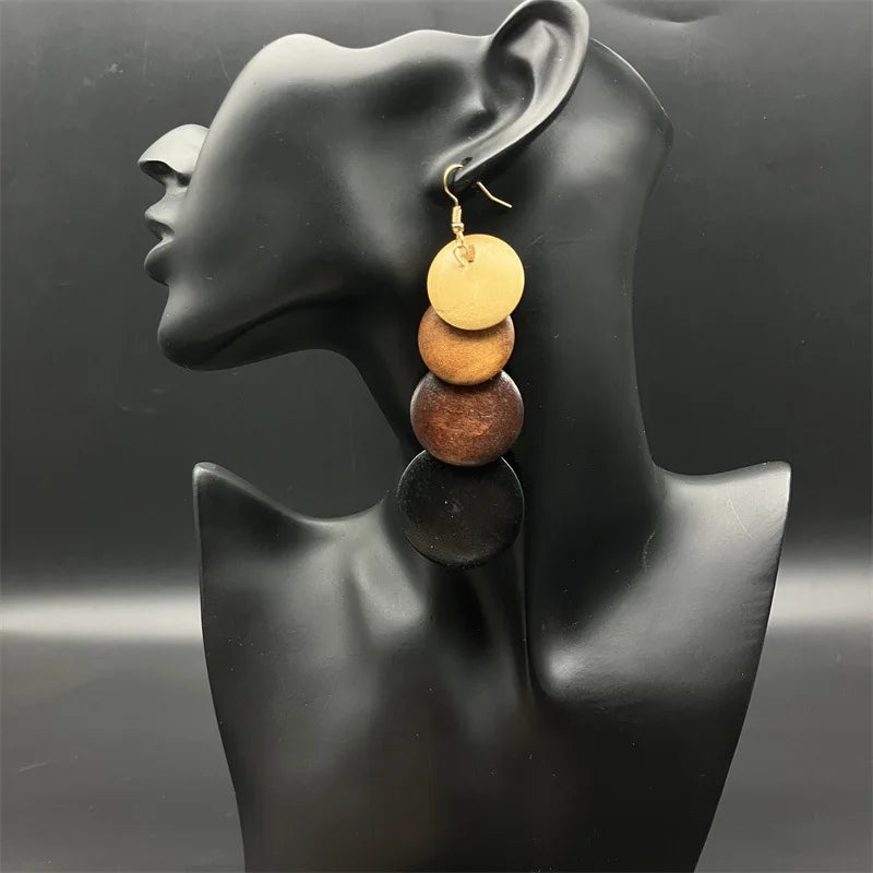 Fashion Multi Layer African Colorful Drop Round Disc Wood Earrings Women