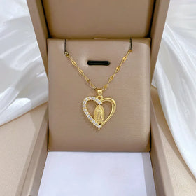 Trendy 18K Gold Plated Stainless Steel Crystal Full Diamond Hollow Love Figures Pendant Necklace Jewelry for Women Girls