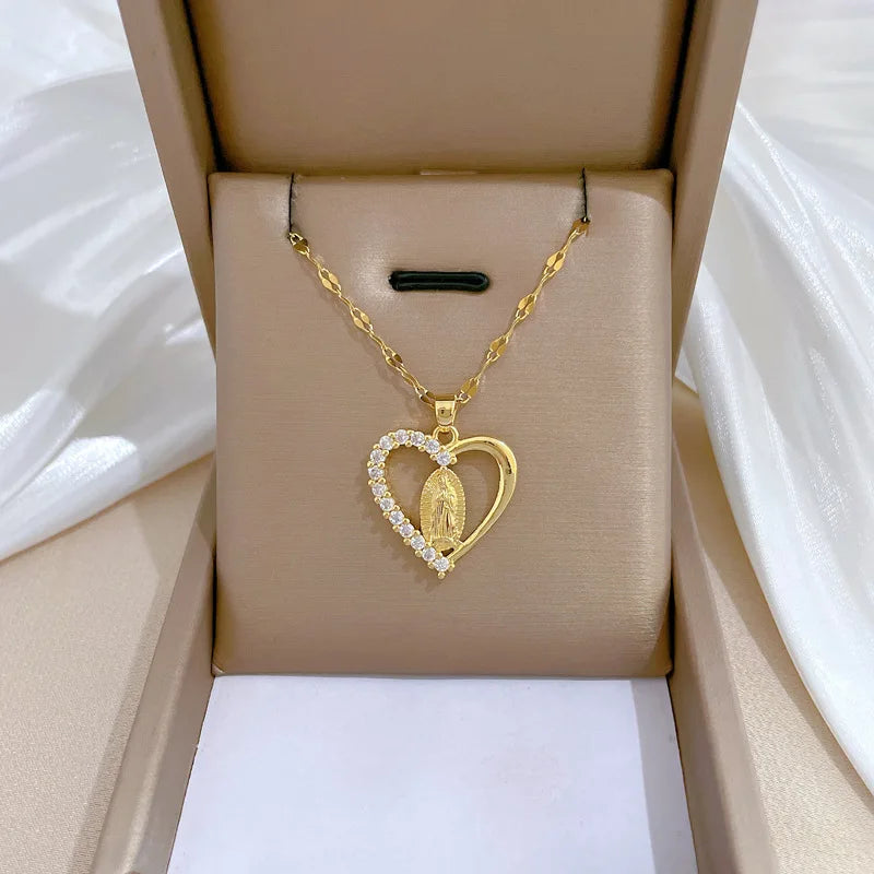 Trendy 18K Gold Plated Stainless Steel Crystal Full Diamond Hollow Love Figures Pendant Necklace Jewelry for Women Girls