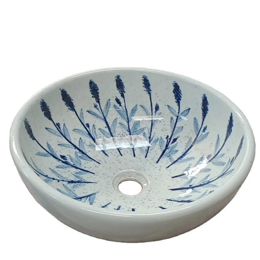 Contemporary Hand Painted Blue White Ceramic Sanitary Wares Bathroom Sink Wash Basin 12L Capacity Water Resistant Eco-Friendly