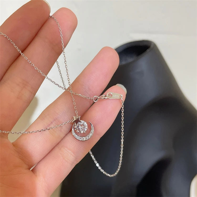 Gold Plated Sterling Silver White Stone Star and Moon Women Necklace