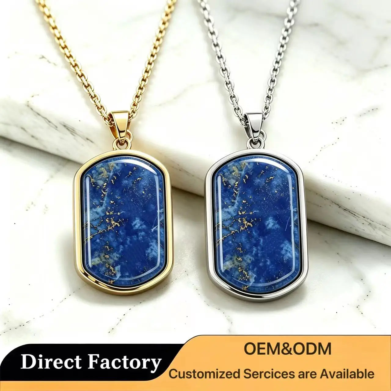 Factory Price Men Natural Lapis Lazuli Necklace 316L Stainless Steel Dog Tags Pendant Waterproof High Polished Gemstone Jewelry