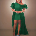 Party Mesh Pleat Ruffles Skew Collar Puff Sleeves Women Evening Dress