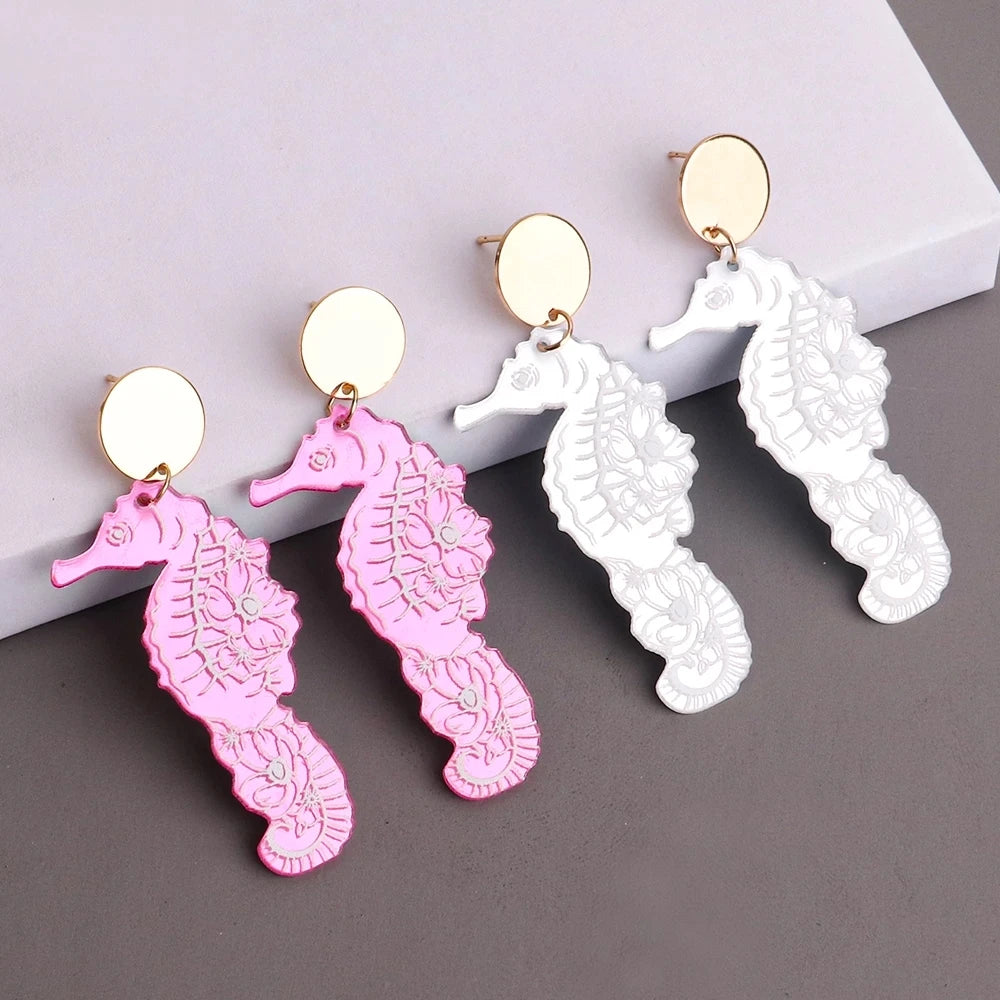 Cartoon Cute Ocean Animal Pendant Resin Dangle Earrings Bright Mirror Drop Earrings Rainbow Sea Horse Acrylic Pink White Women's