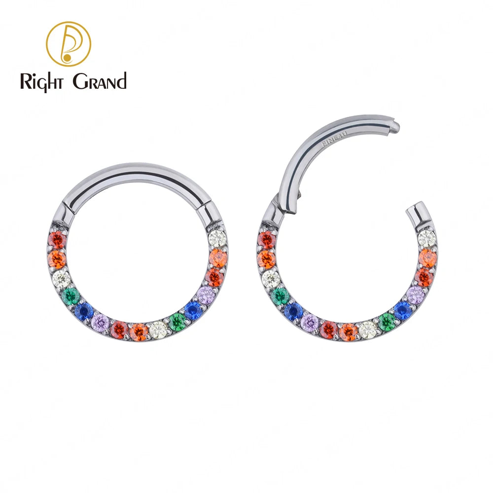 ASTM F136 Implant Grade Titanium Rainbow CZ Hinged Segment Nose Clickers Ring