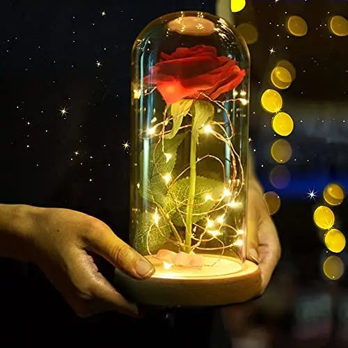 Preserved Rose Enchanted Rose Red Silk Rose in Glass Dome with LED Lights Pine Base Romantic Home Decor Gifts for Women Valenti