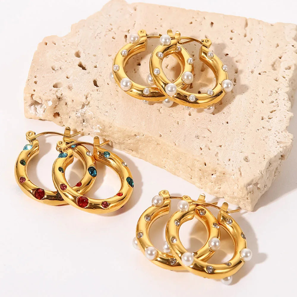 Wholesale Bulk Chunky Trendy Design Titanium 18k Pvd Gold Plated Stainless Steel Hoop Earrings Zircon Pearl for Women Wedding