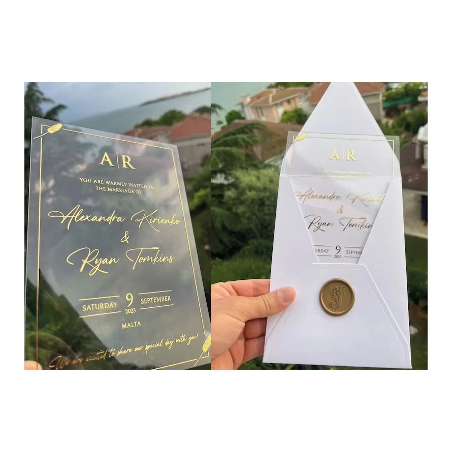Luxurious Gold Foil Costom Designs Unique Party Greeting Bridal Shower  Wax Seal White Paper Envelope Wedding Invitation