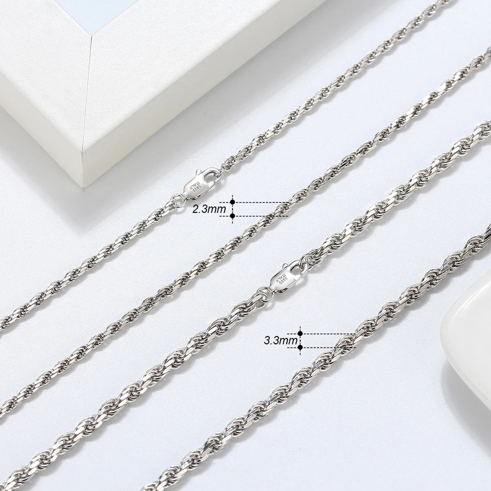 RINNTIN SC29-3.3 Hiphop Jewelry  Real 925 Sterling Silver 3.3mm Diamond-Cut Rope Chain Necklace for Women Men