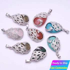 Diy Natural Carved Gemstone Healing Stone Necklace Charm Custom Wholesale Bulk Opal Quartz Peacock Drop Crystal Pendant