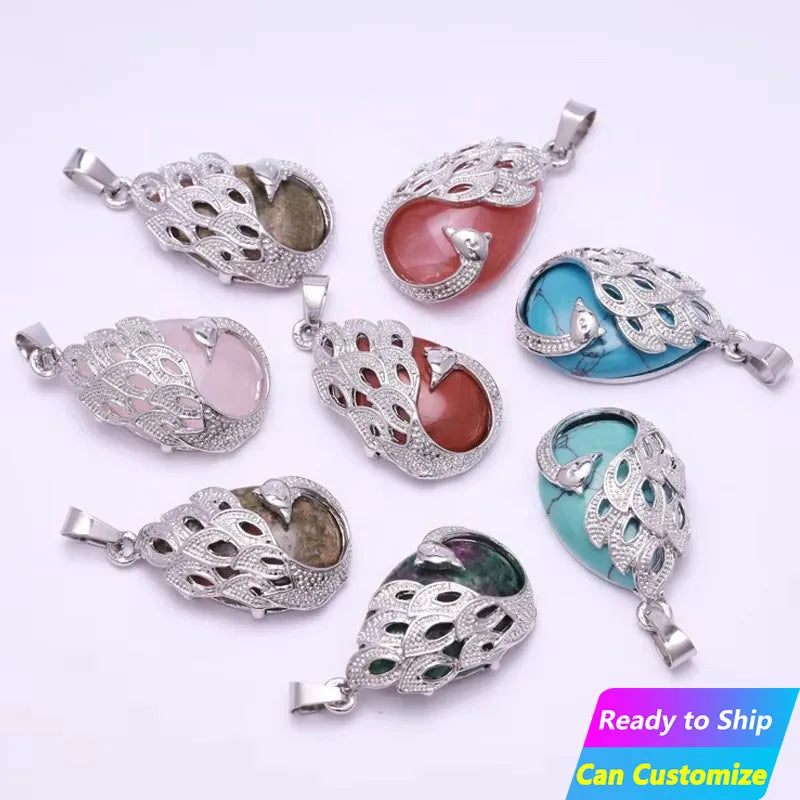 Diy Natural Carved Gemstone Healing Stone Necklace Charm Custom Wholesale Bulk Opal Quartz Peacock Drop Crystal Pendant