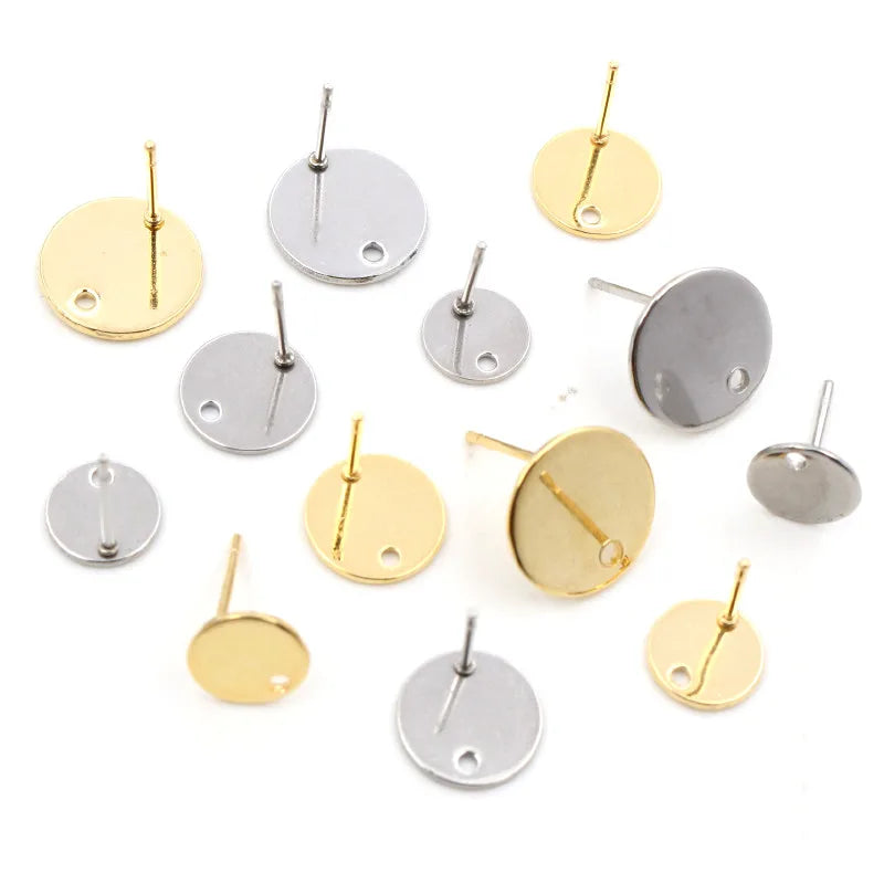 20pcs 6/8/10/12mm 316 Stainless Steel Gold Plated Pin Findings Stud Earring With Hole Connector for DIY Jewelry Making Supplies