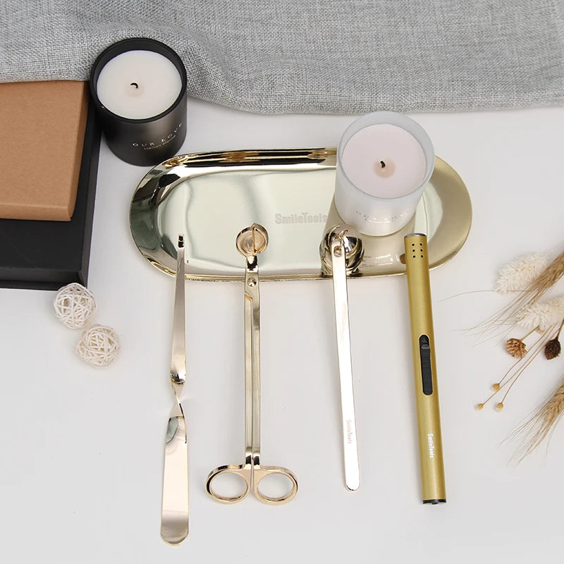 Luxury 5 in 1 Gold Wick Trimmer Snuffer Tray Dipper Candle Lighter Metal Handle Scissors for Embroidery Custom Candle Care Kit