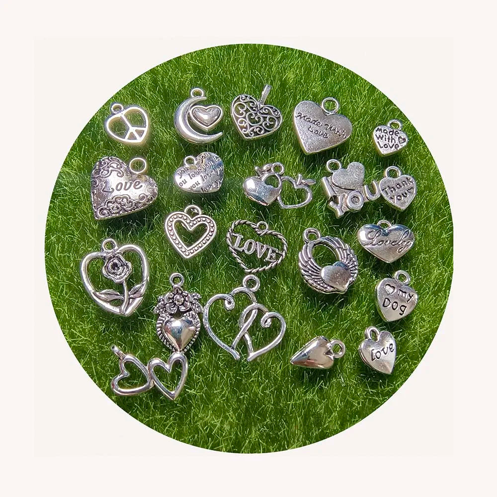 100pcs Zinc Alloy Charms Silver Color Assorted Styles Heart Pendants for DIY Jewelry Making Necklace Bracelet Accessories
