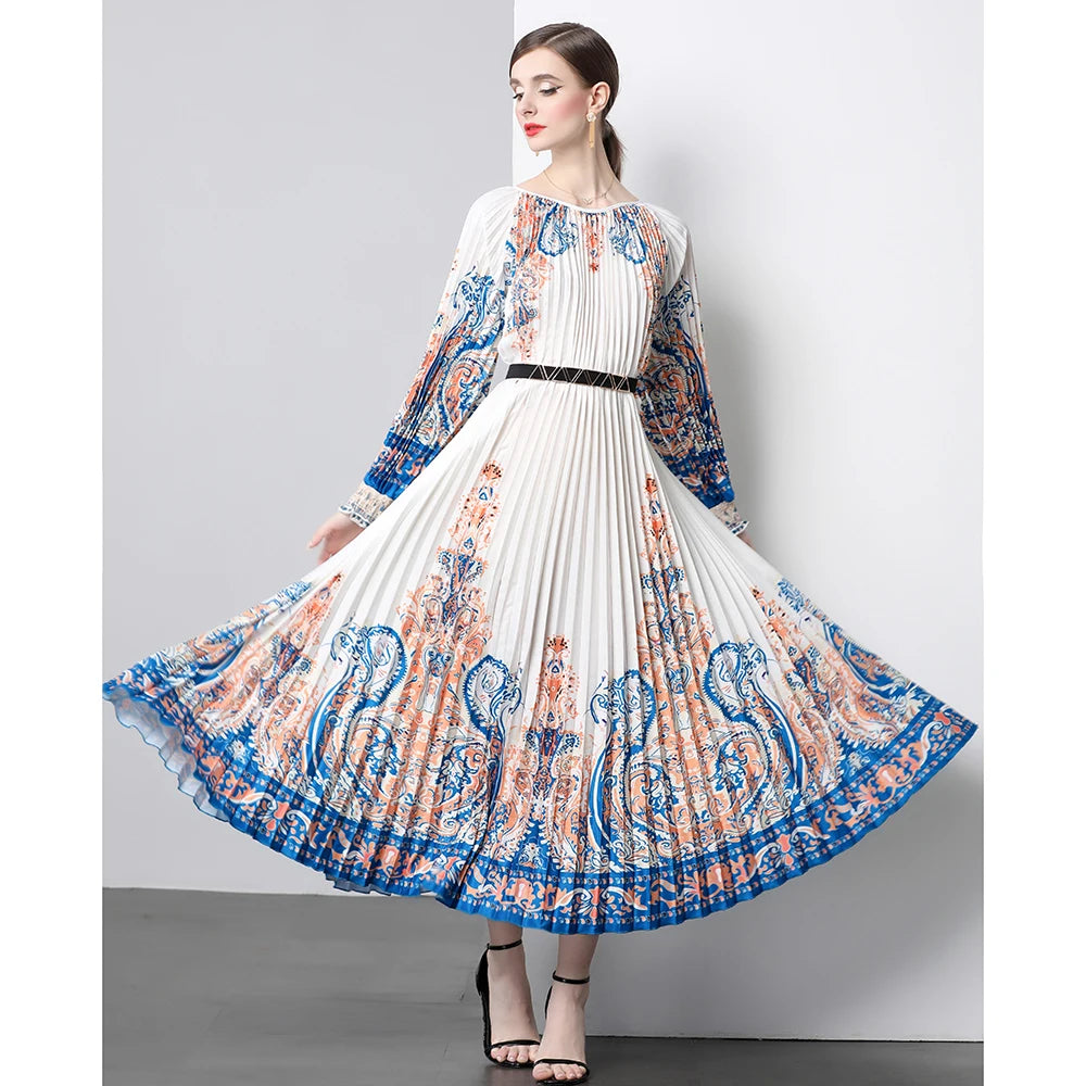 Autumn New Casual Women's Printed Round Neck Long Sleeved Pleated Skirt Loose Plus Size Pleated Dress