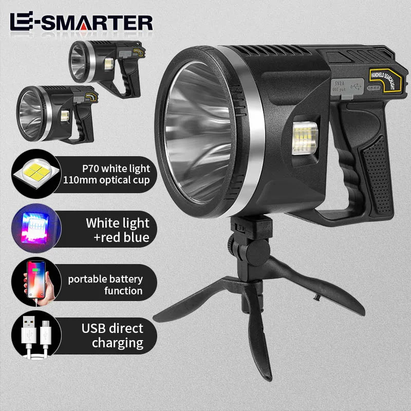 High Lumens 100000 Powerful Usb Rechargeable Searching Light Work Torch Handheld Flashlight With Power Bank