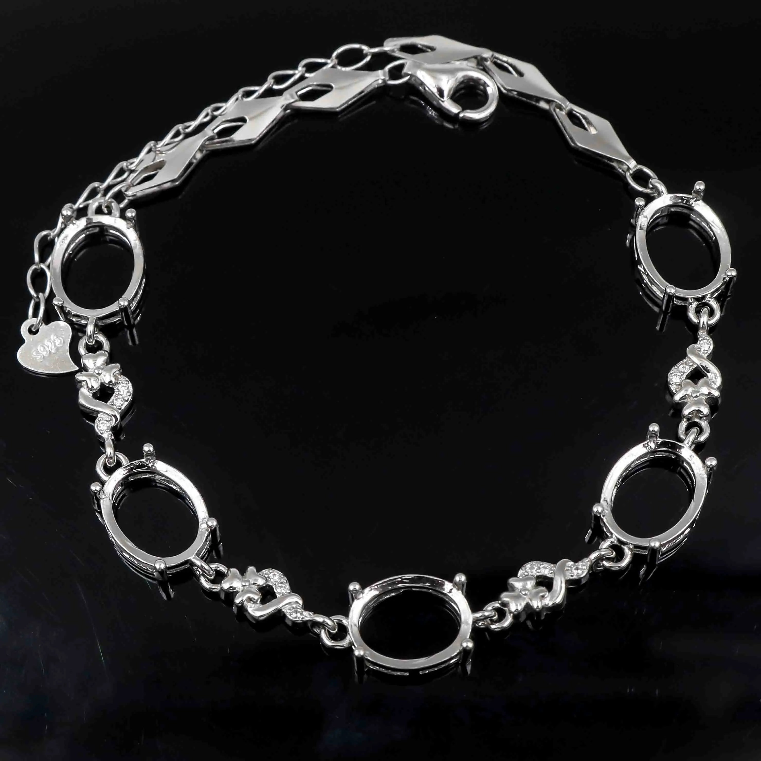 Sterling Silver 8*10mm Semi Mount Bracelet Blank Frame Empty Support Setting S925 Base Holder Without Center Stone for DIY Inlay