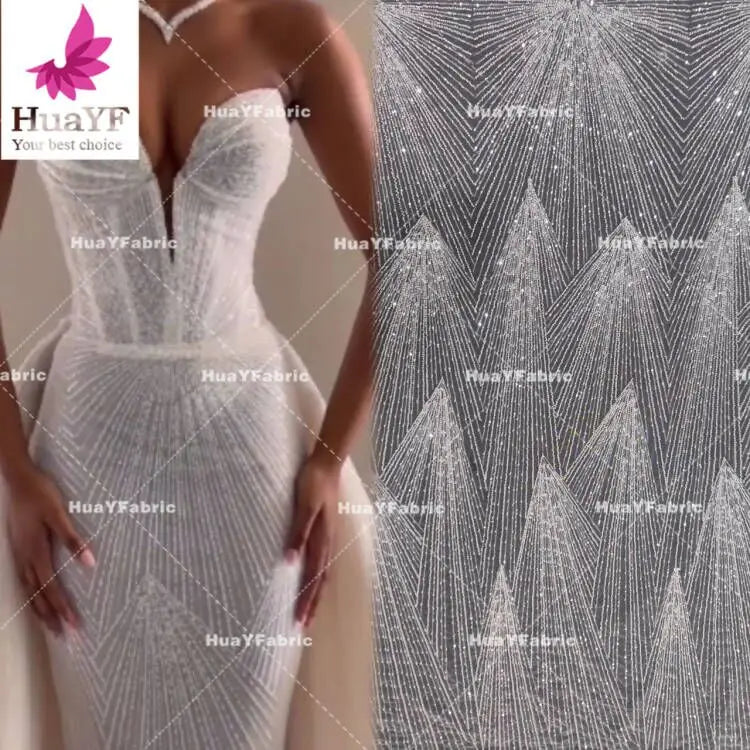 HY2487 Luxury White Heavy Beaded Embroidery Bridal Laces Fabrics for Wedding Bridal Dress Fabric 5 Yards