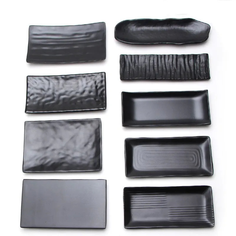 Modern Custom Logo Laser Printed Black Melamine Dinnerware Factory Hot Sale Polished Technique Sustainable Plastic Plates Dishes