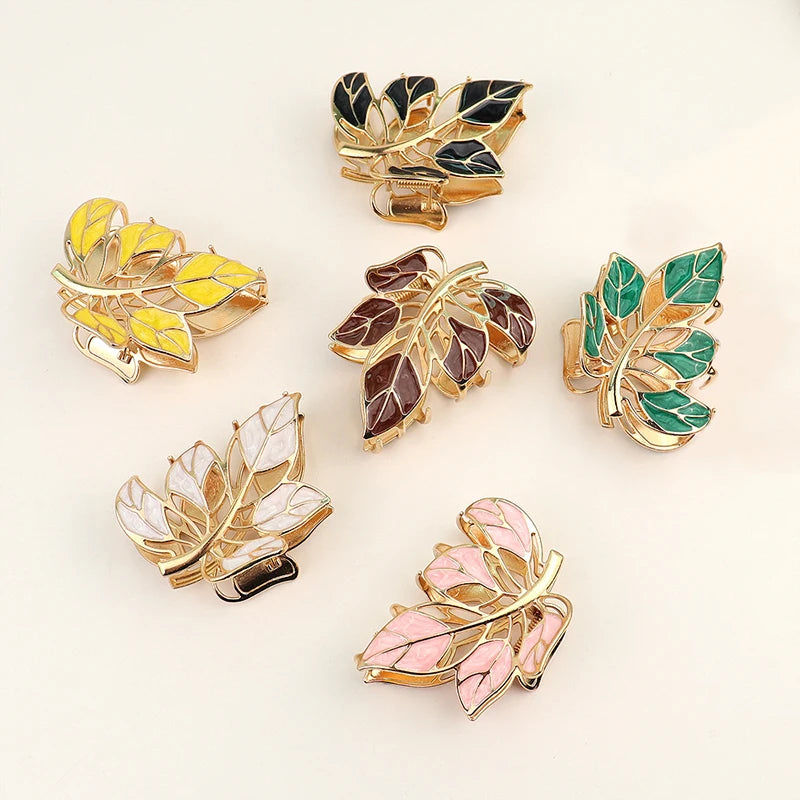 Golden Alloy Leaf Shape Haarklammer Medium Metal 7 cm Shark Claw Clip Elegant Ladies Hair Claw Clips