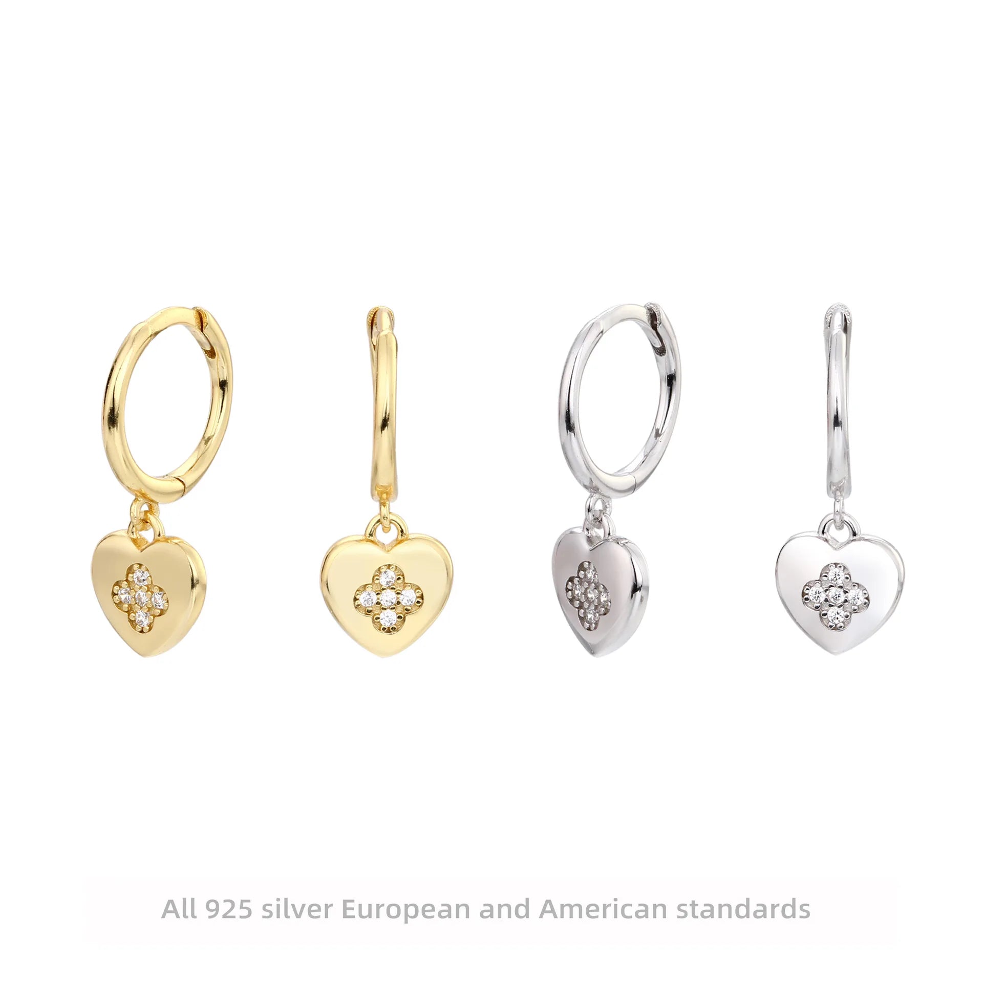 18k Gold Trendy Hoop Zircon Heart Shape 925 Sterling Silver Drop Earrings Women