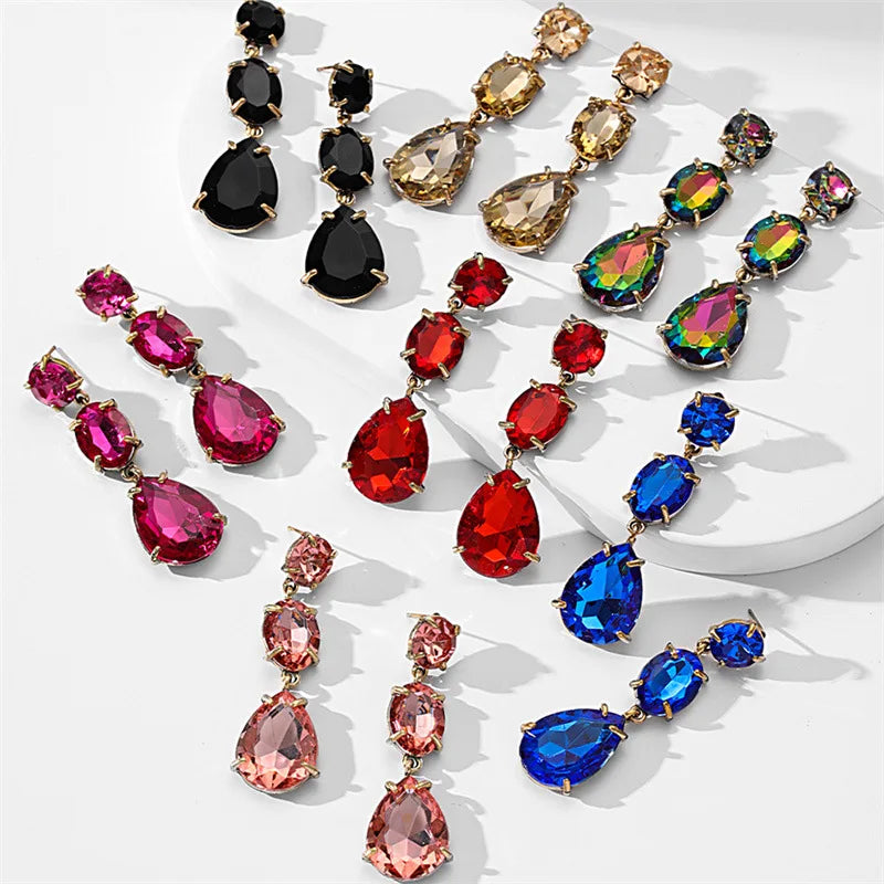 Fashion Colorful Diamond Glass Stone Geometric Alloy Long Drop Shaped Gold Plated Earrings Wholesale