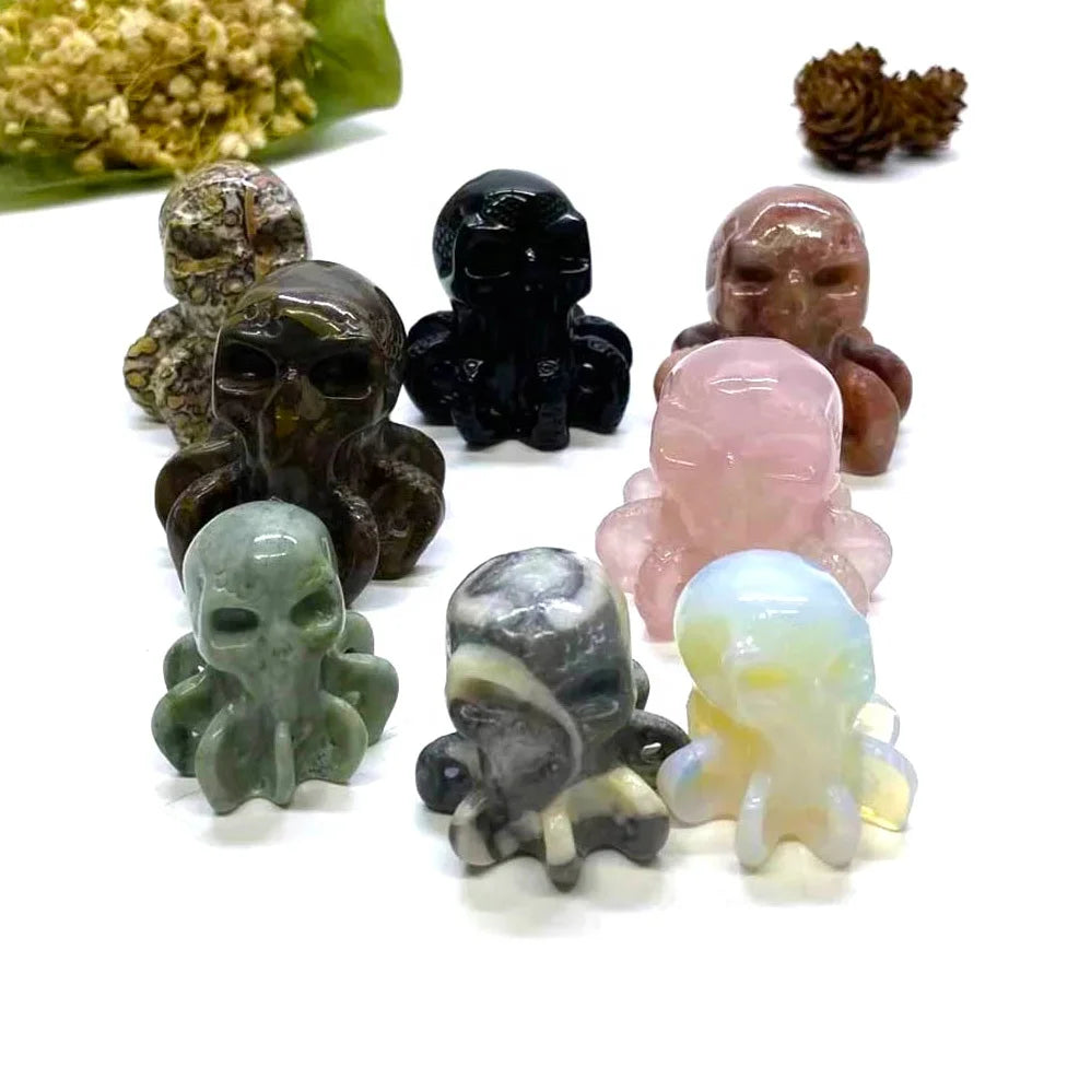 Hand Carved Rose Quartz Animal Natural Obsidian Octopus Carving for Gifts Home Decoration