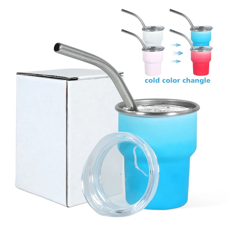 New Arrival Custom 2.5oz Stainless Steel Cold Water Color Change Shot Glass Cups With Lids and Straw for Gift