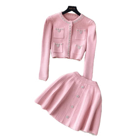 LE1832 Hand-Beaded Luxury Socialite Women Knit Two Piece Sets Short Sweater Cardigan & Skirt Set Elegant Office Party Two Pieces
