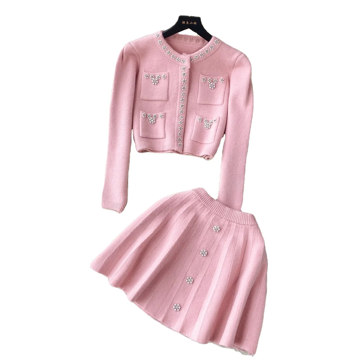 LE1832 Hand-Beaded Luxury Socialite Women Knit Two Piece Sets Short Sweater Cardigan & Skirt Set Elegant Office Party Two Pieces