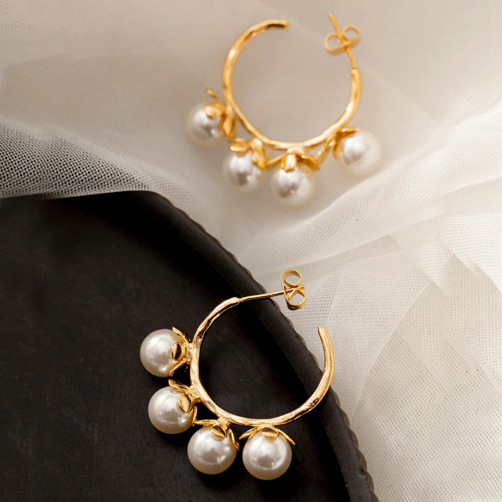 Elegant Real 18K Gold Plated Rhinestone Round Hoop Earrings Pearl Women Fashion Faux Cluster Pearl Drop Earrings