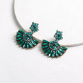 Classic Emerald Fan Shaped Vintage Earrings Bohemian Green Rhinestone Crystal Geometric Flower Drop Earrings for Women