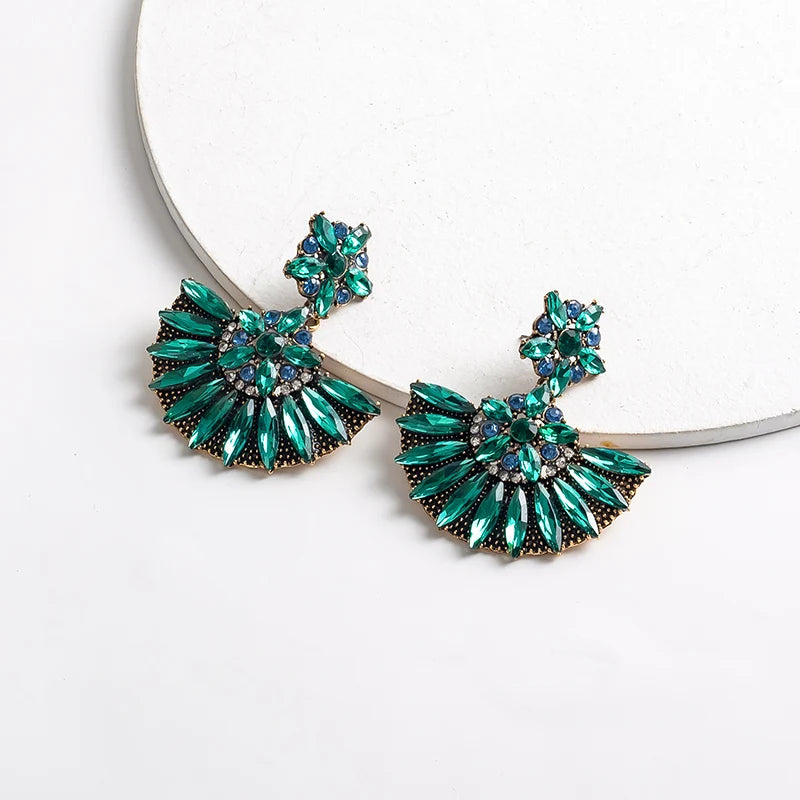 Classic Emerald Fan Shaped Vintage Earrings Bohemian Green Rhinestone Crystal Geometric Flower Drop Earrings for Women